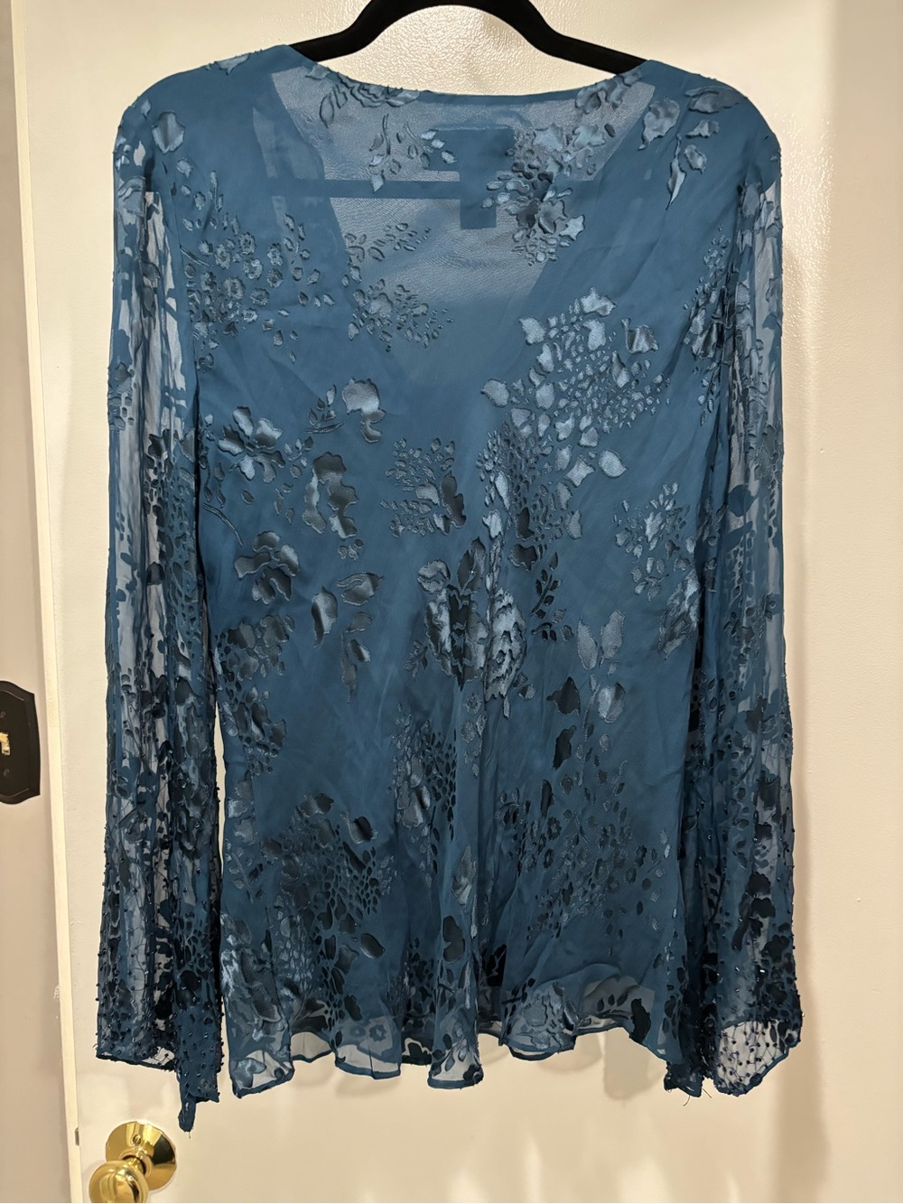Papell Boutique Blue Floral Burnout Cowl Neck Top - Picture 4 of 7
